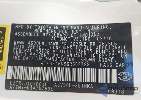 2016 Toyota Camry Le z USA, uszkodzony, nr VIN 4T4BF1FK9GR568788